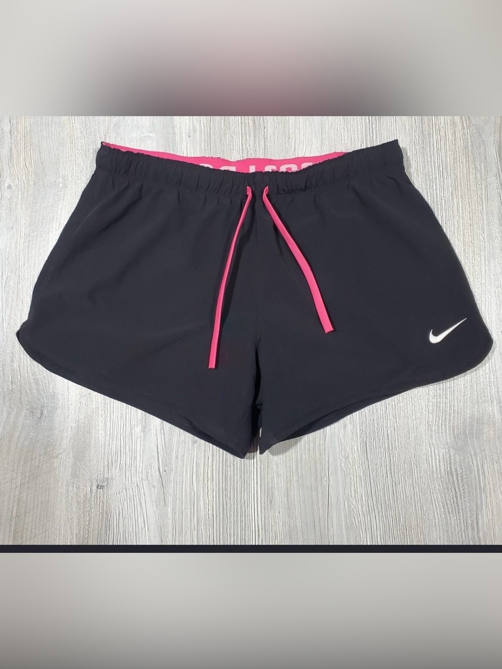 Nike Women's Black Athletic Shorts with Pink Drawstring
